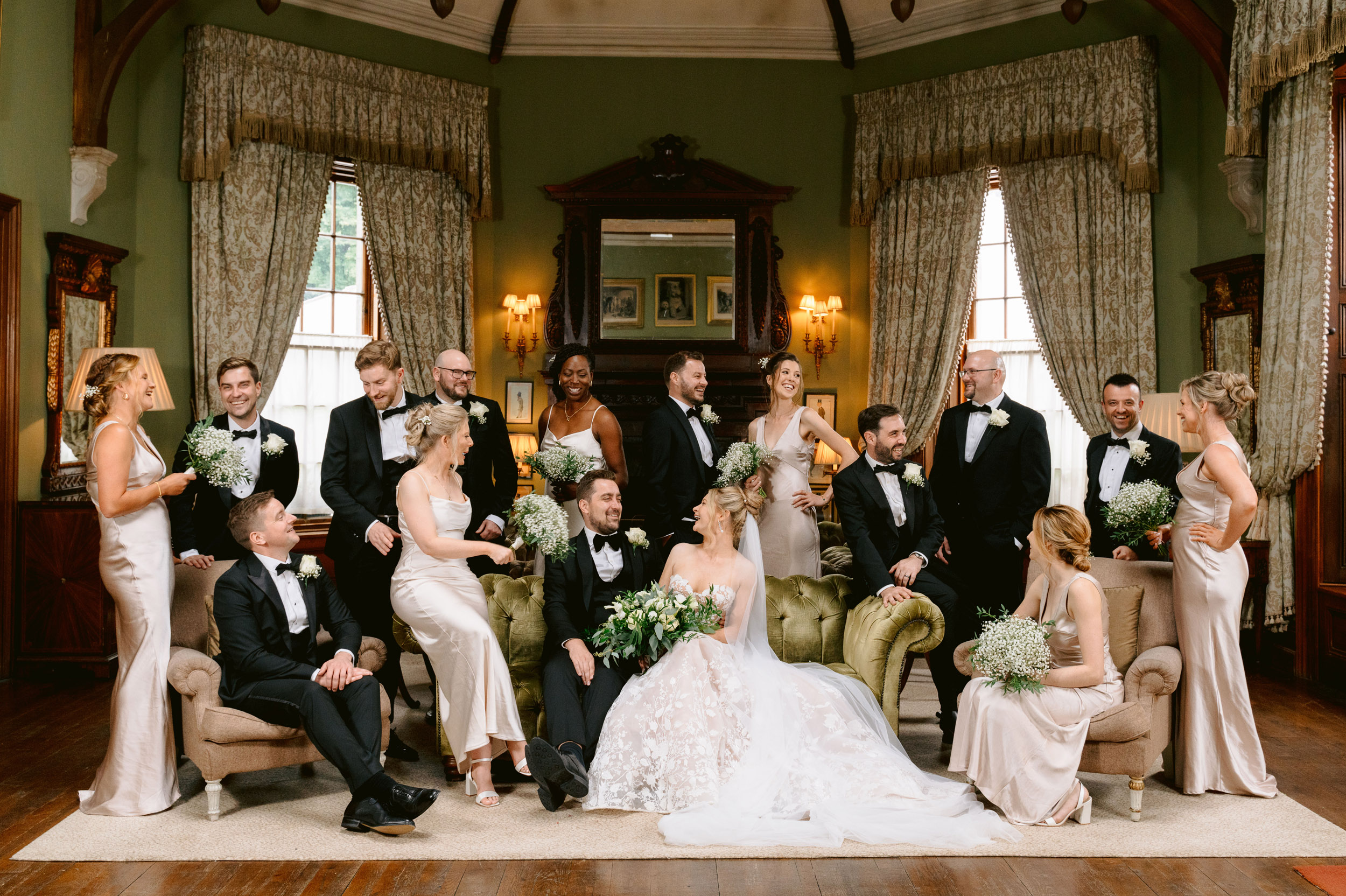 vanity fair style group editorial group photo of bridal party at castle leslie